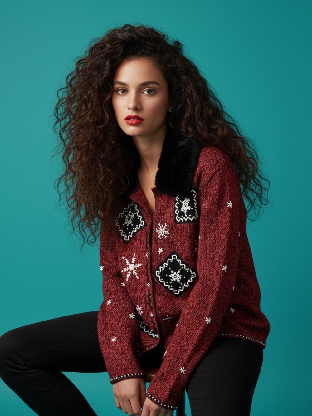 VTG East West Fashions Embroidered Holiday Cardigan Faux Fur Collar Size M